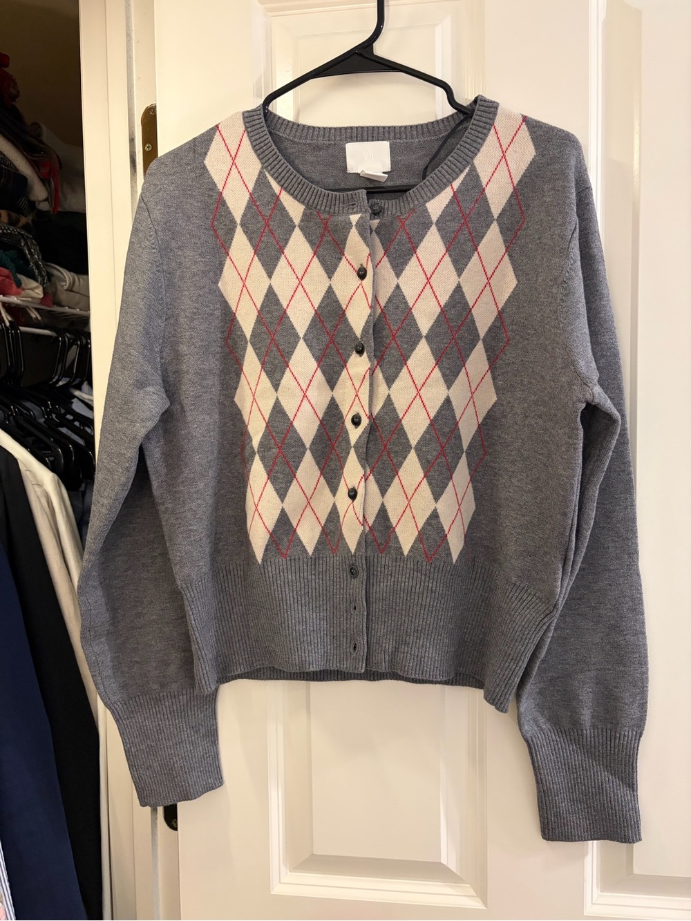H&M Gray Argyle Button-Front Cardigan with Cream and Pink Accents